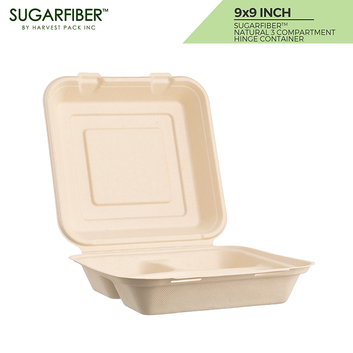 Sugarfiber™ 9x6 inch Rectangle Hinged Container PFAS Free